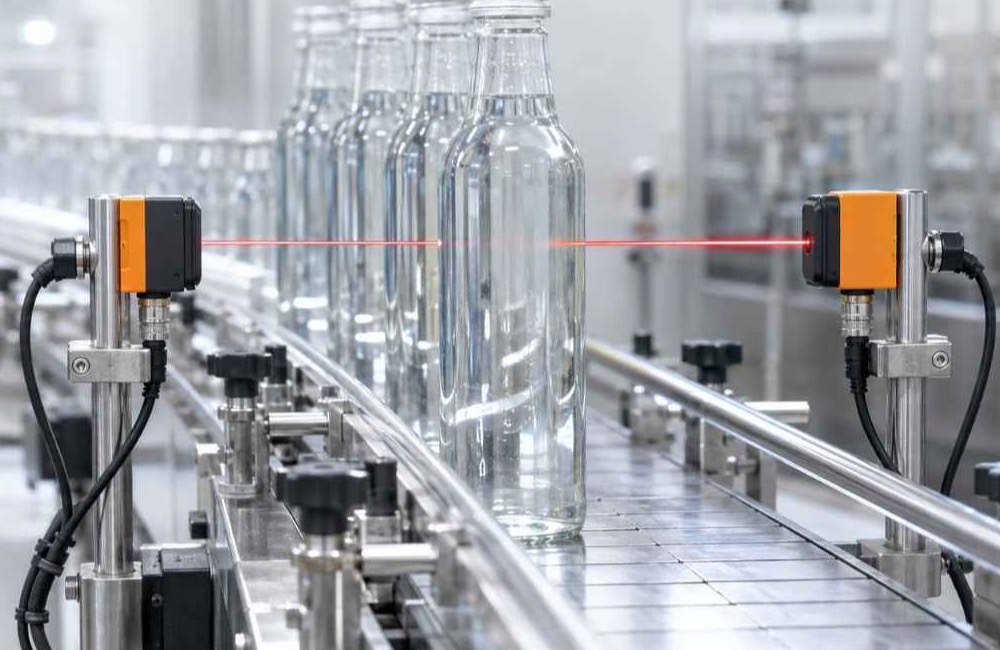 Through Beam Sensor ตรวจจับขวดแก้วใสบนสายพานการผลิต