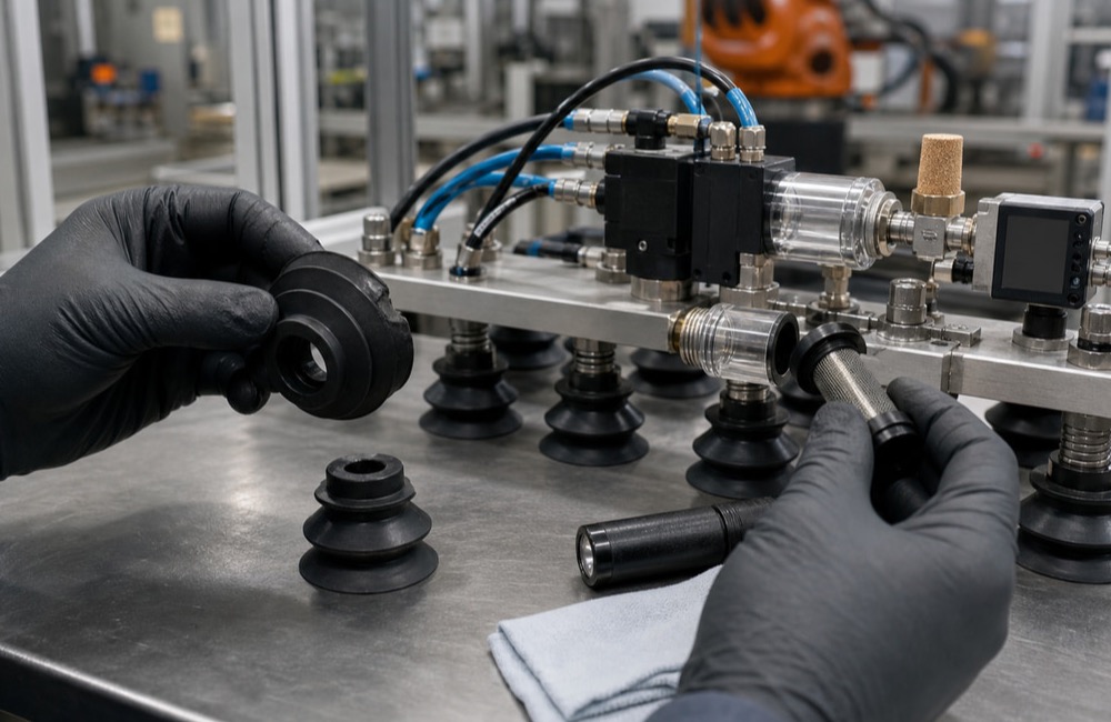 ช่างตรวจสภาพ Suction Cups และ Vacuum Filter ระหว่างบำรุงรักษา