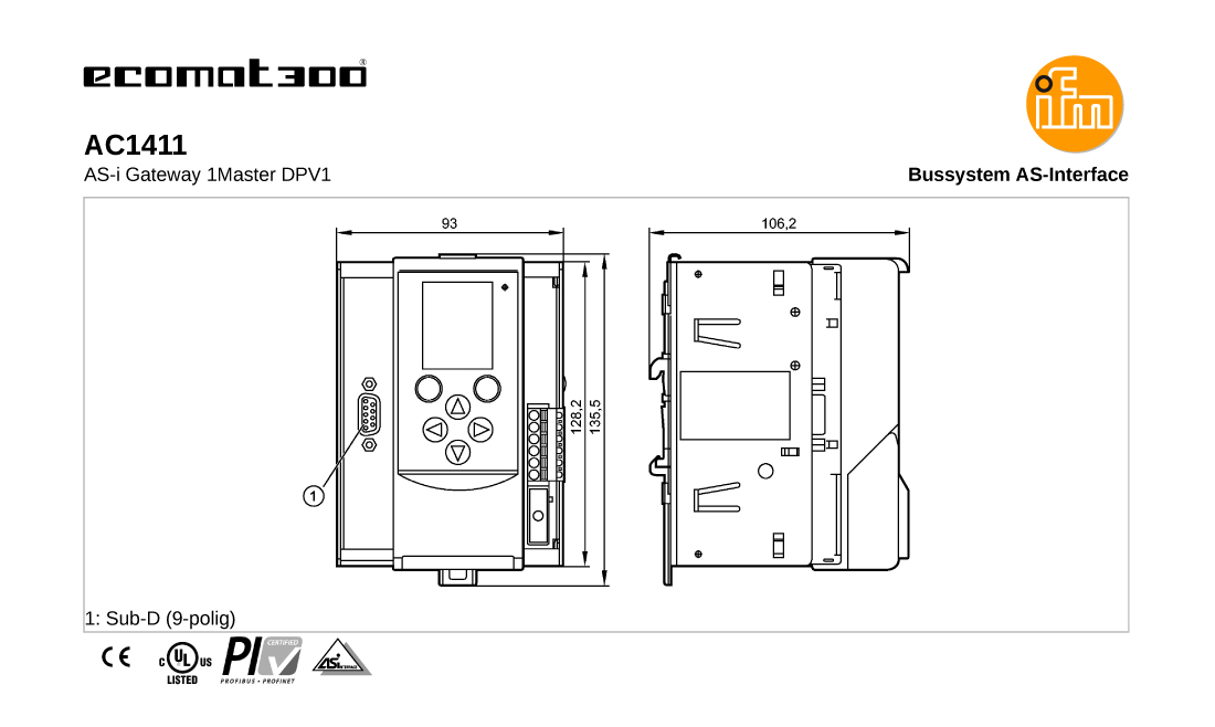 AC1411 \ ecomat 300 \ AS-i (อุปกรณ์ควบคุมการทำงานของเครื่องจักรสำหรับระบบ AS-interface) \AS-i Gateway 1Master PB \ DE