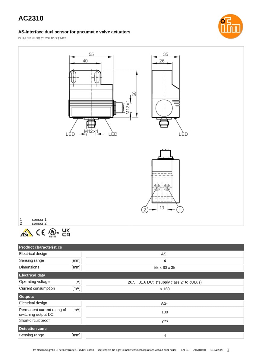 AC2310 \ efector 180 \ Valve sensor (เซนเซอร์ตรวจจับตำแหน่งวาล์วสำหรับระบบ AS-interface) \DUAL SENSOR T5 2SI 1DO T M12 \ DE