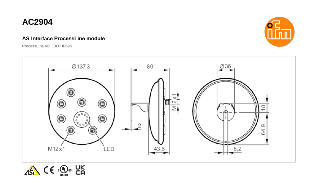 AC2904 \ ecomat 300 \ AS-i (โมดูลรับสัญญาณ Input Output สำหรับระบบ AS-interface) \ProcessLine 4DI 3DOT IP69K \ DE