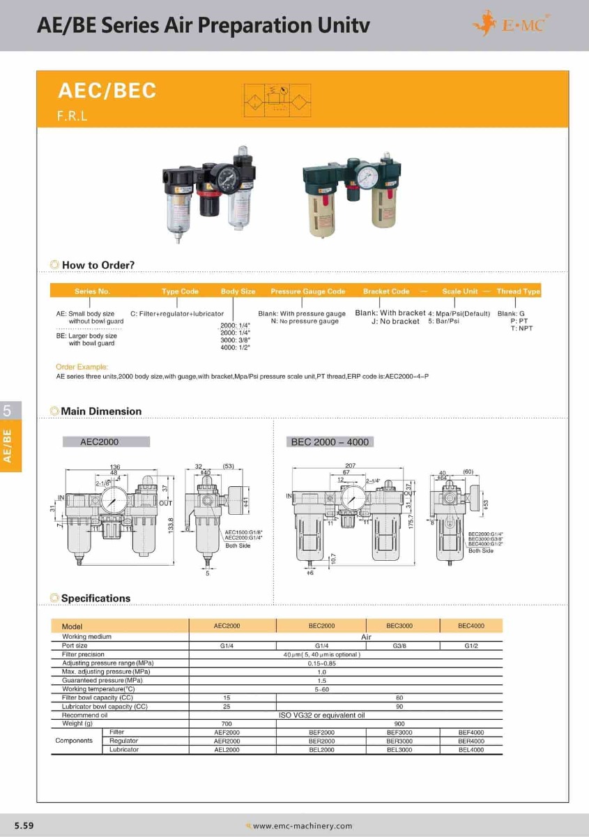 AEC20004-P \ Air Preparation Unit \ Filter Regulator+Lubricator / PT1/4” \ E.MC