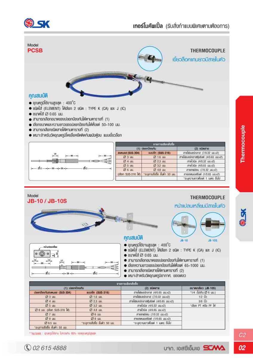 JB-10 6x100 mm สายสแตนเลสชีลด์ 2M Type K(CA) SK เทอร์โมคัพเปิ้ล (Thermocouple)