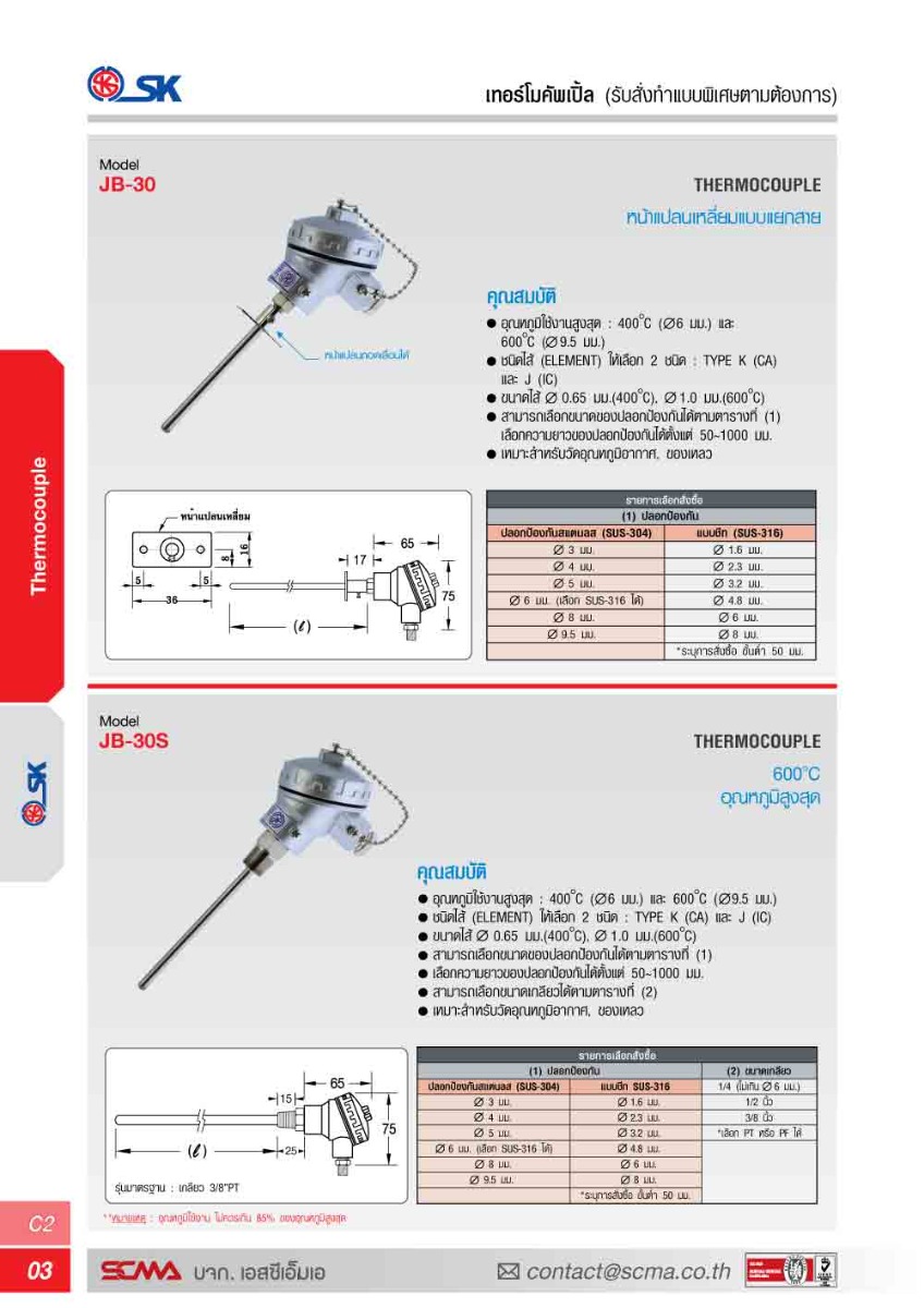 JB-30 6X100 mm Type K(CA) SK เทอร์โมคัพเปิ้ล (Thermocouple)