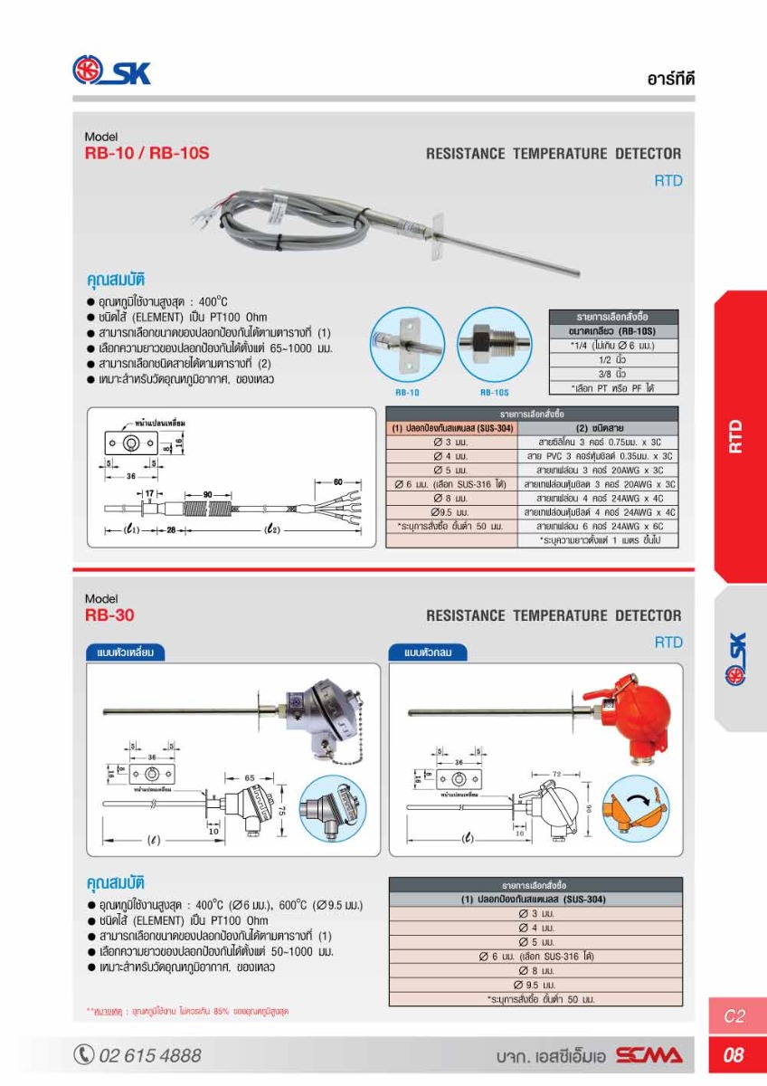 รายละเอียด RB-30 5X100mm PT-100 SK อาร์ทีดี (RTD) RB-30 5X100mm PT-100 SK อาร์ทีดี (RTD) อุณหภูมิไข้งานสูงสุด : 400°C (Ø6 มม.), 600