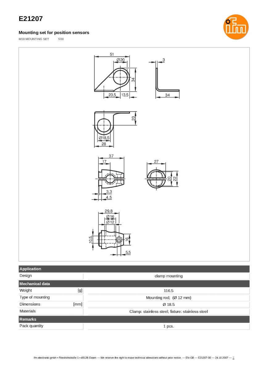 E21207 \ efector 200 \ Photo sensor (อุปกรณ์เสริมสำหรับเซนเซอร์) \M18 MOUNTING SET 500 \ DE