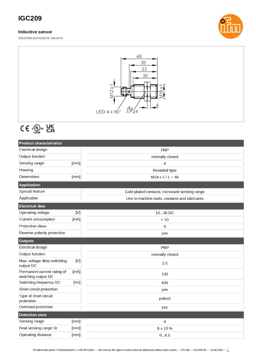 IGC209 \ efector 100 \ Inductive sensor (เซนเซอร์ตรวจจับโลหะ) \IGB3008BAPKG/M/US-104DPO \ RO