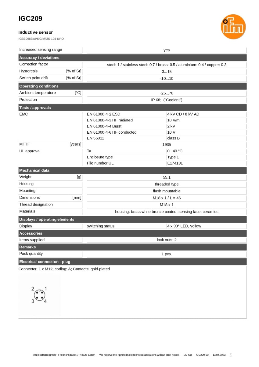 IGC209 \ efector 100 \ Inductive sensor (เซนเซอร์ตรวจจับโลหะ) \IGB3008BAPKG/M/US-104DPO \ RO