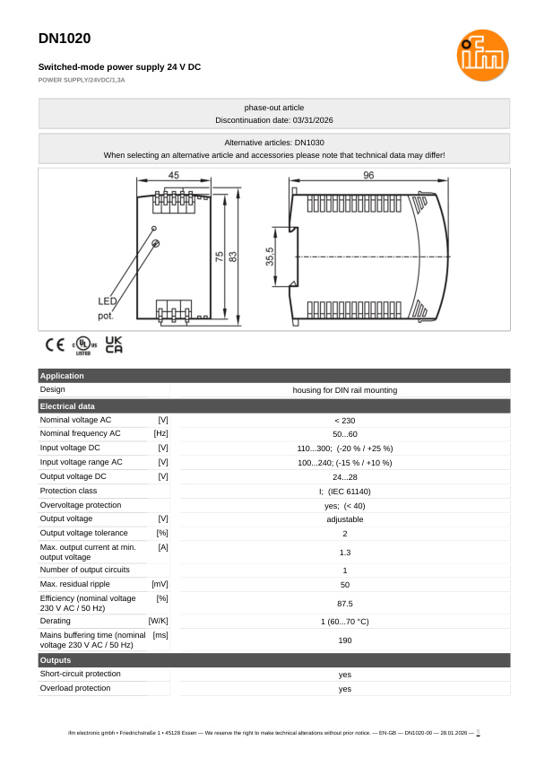 DN1020 \ ecomat 200 \ Evaluation systems and power supplies \ POWER SUPPLY/24VDC/1,3A \ CN \ datasheet