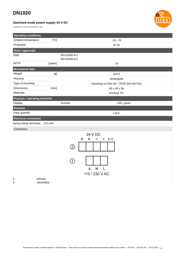 DN1020 \ ecomat 200 \ Evaluation systems and power supplies \ POWER SUPPLY/24VDC/1,3A \ CN \ datasheet