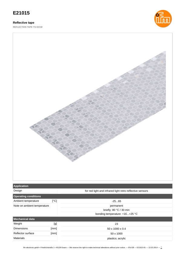 E21015 \ efector 200 \ Photoelectric sensors \ REFLECTION TAPE TS-02/1M \ DE datasheet
