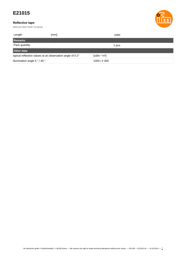 E21015 \ efector 200 \ Photoelectric sensors \ REFLECTION TAPE TS-02/1M \ DE datasheet