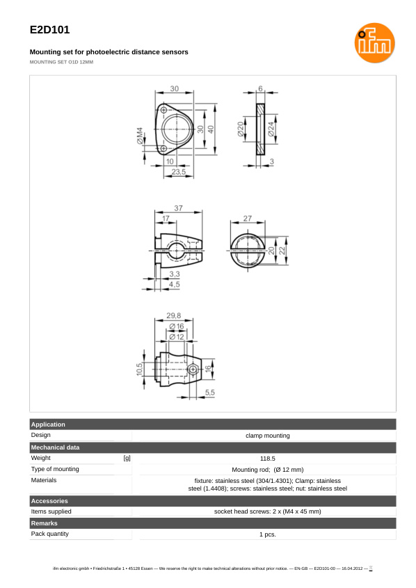E2D101 \ efector 200 \ Photoelectric sensors \ MOUNTING SET O1D 12MM \ DE datasheet