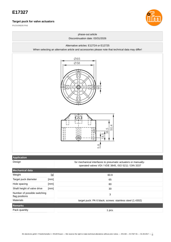 E17327 \ efector 180 \ Valve sensors \ PUCK/IND/8 PA6 \ DE datasheet