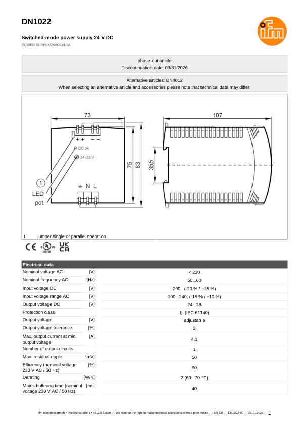 DN1022 \ ecomat 200 \ Evaluation systems and power supplies \ POWER SUPPLY/24VDC/4,1A \ CN \ datasheet