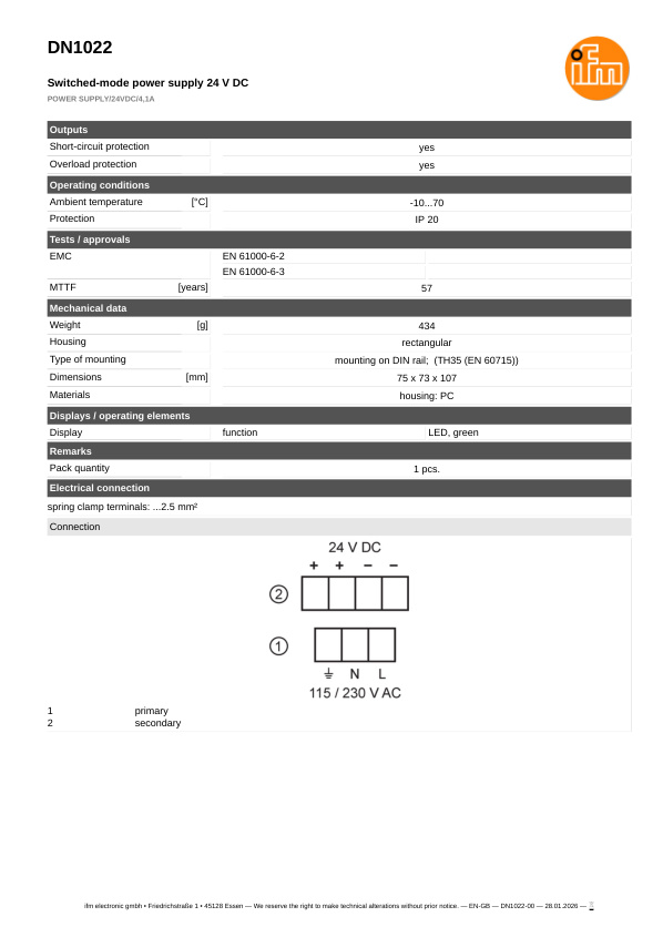 DN1022 \ ecomat 200 \ Evaluation systems and power supplies \ POWER SUPPLY/24VDC/4,1A \ CN \ datasheet