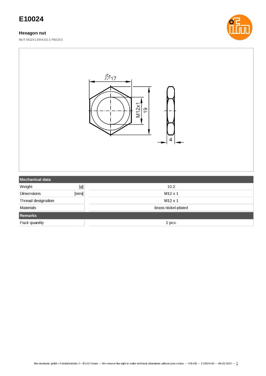 E10024 \ efector 100 \ Inductive sensors \ NUT M12X1 BRASS 2 PIECES \ DE datasheet