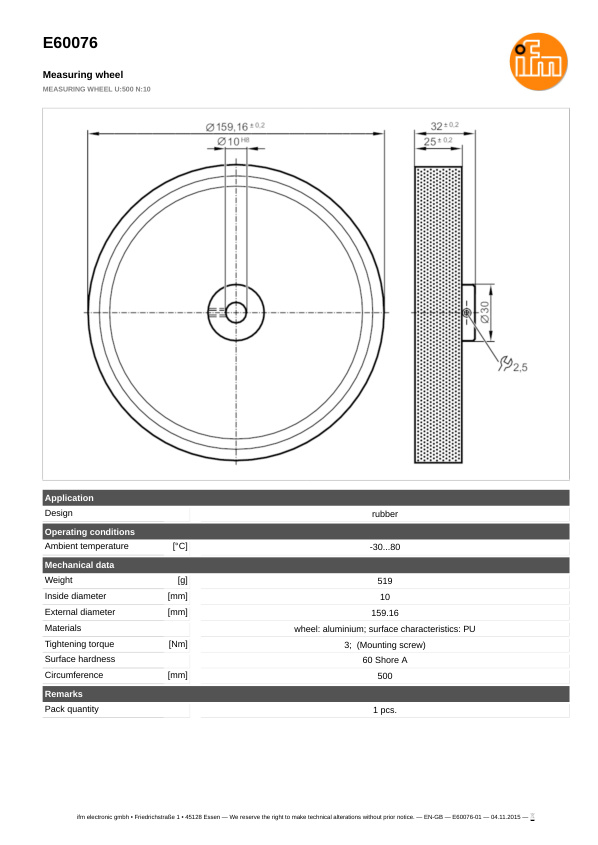 E60076 \ efector 400 \ Encoders \ MEASURING WHEEL U:500 N:10 \ DE datasheet