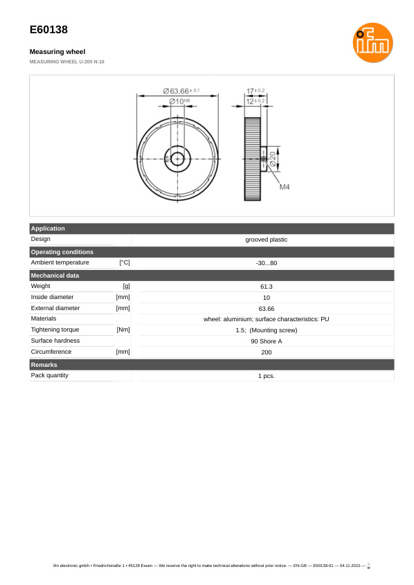 E60138 \ efector 400 \ Encoders \ MEASURING WHEEL U:200 N:10 \ DE datasheet
