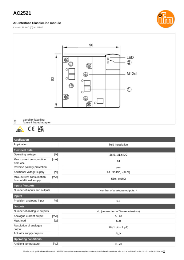 AC2521 \ ecomat 300 \ Bus system AS-interface \ ClassicL90 4AO (C) M12 IP67 \ DE \ datasheet