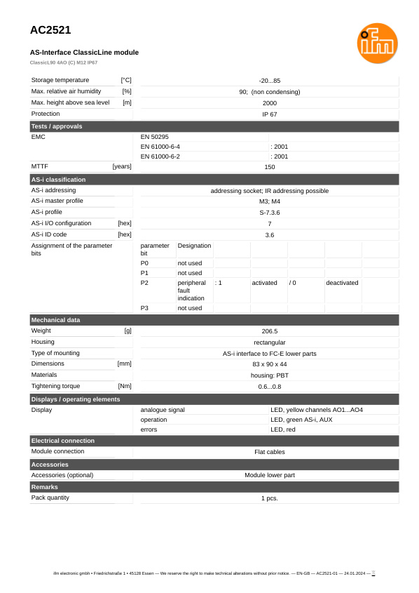 AC2521 \ ecomat 300 \ Bus system AS-interface \ ClassicL90 4AO (C) M12 IP67 \ DE \ datasheet