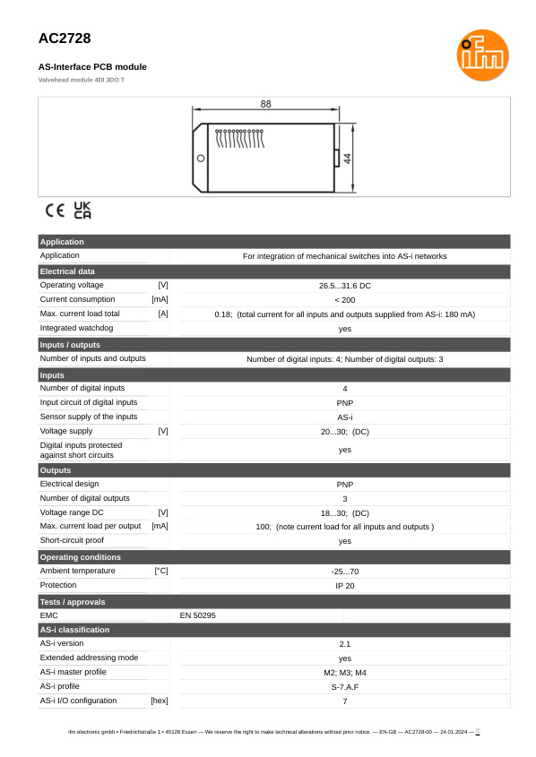 AC2728 \ ecomat 300 \ Bus system AS-interface \ Valvehead module 4DI 3DO T \ DE \ datasheet