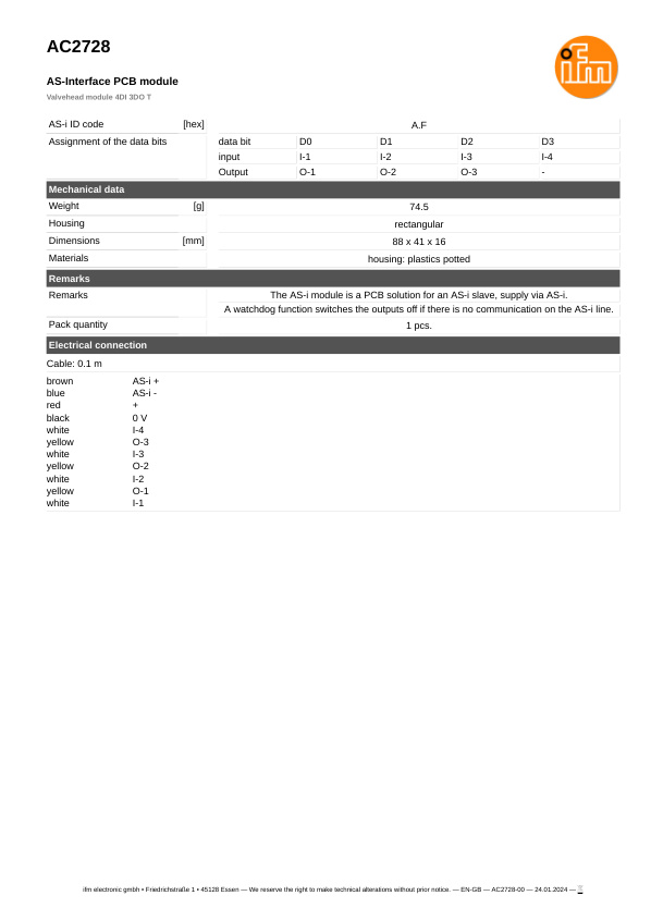 AC2728 \ ecomat 300 \ Bus system AS-interface \ Valvehead module 4DI 3DO T \ DE \ datasheet