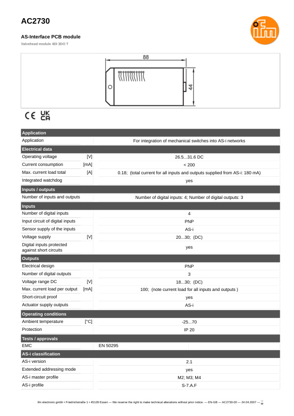 AC2730 \ ecomat 300 \ Bus system AS-interface \ Valvehead module 4DI 3DO T \ DE \ datasheet