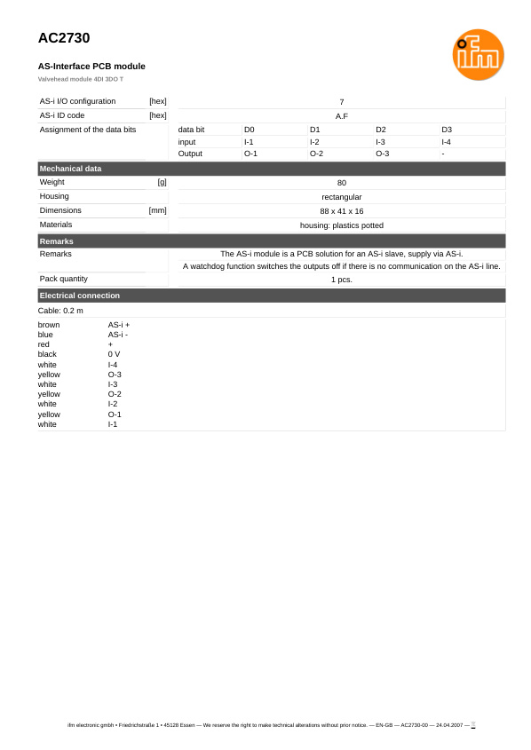 AC2730 \ ecomat 300 \ Bus system AS-interface \ Valvehead module 4DI 3DO T \ DE \ datasheet