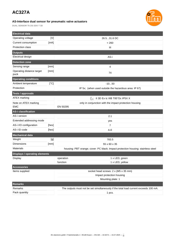 AC327A \ efector 180 \ Valve sensors \ DUAL SENSOR T6 2SI 2DO T 3D \ DE \ datasheet