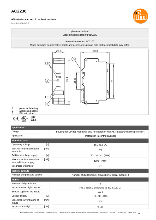AC2230 \ ecomat 300 \ Bus system AS-interface \ SmartL25 4DI 4DO C \ DE \ datasheet