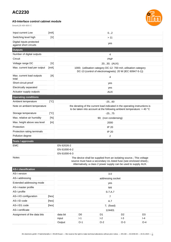 AC2230 \ ecomat 300 \ Bus system AS-interface \ SmartL25 4DI 4DO C \ DE \ datasheet