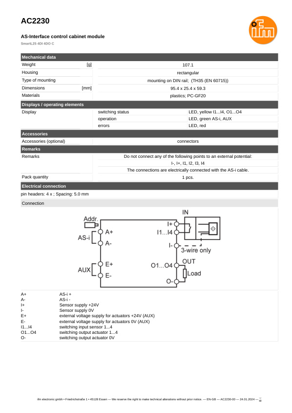 AC2230 \ ecomat 300 \ Bus system AS-interface \ SmartL25 4DI 4DO C \ DE \ datasheet