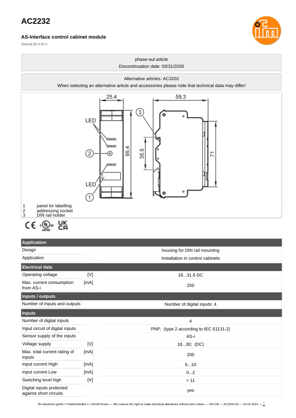 AC2232 \ ecomat 300 \ Bus system AS-interface \ SmartL25 4 DI C \ DE \ datasheet