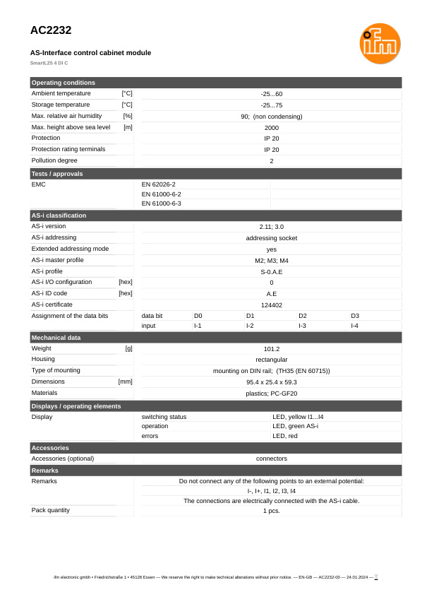 AC2232 \ ecomat 300 \ Bus system AS-interface \ SmartL25 4 DI C \ DE \ datasheet