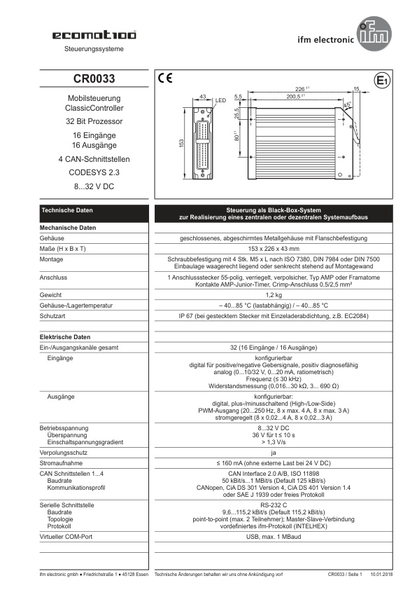 CR0033 \ ecomat 100 \ Mobile controllers \ R360/32bit/16In/16Out \ DE \ datasheet