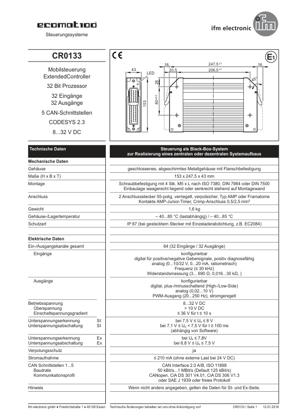 CR0133 \ ecomat 100 \ Mobile controllers \ R360/32bit Ext/32 In/32 Out \ DE \ datasheet