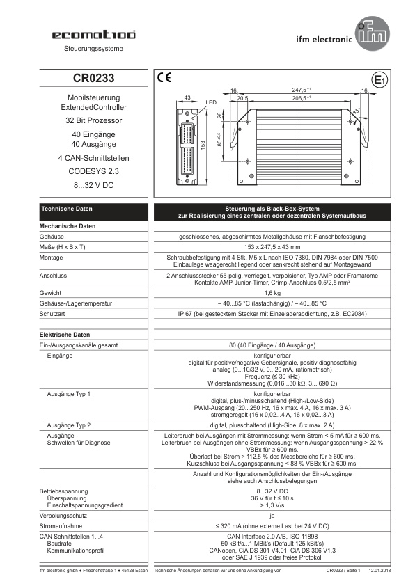 CR0233 \ ecomat 100 \ Mobile controllers \ R360/32bit Ext/40 In/40 Out \ DE \ datasheet