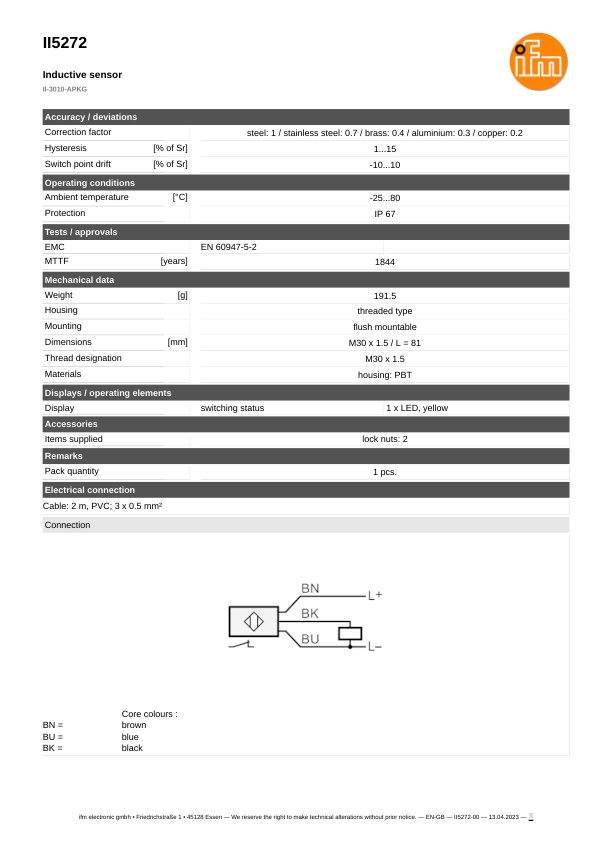 II5272 \ Inductive sensor \ Range 10 mm \ PNP NC \ M30 \ Cable PVC 2m datasheet
