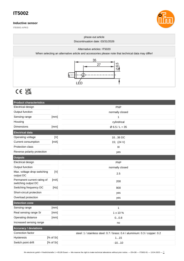 IT5002 \ Inductive sensor \ Range 1 mm \ PNP NC \ Ø 6.5 \ Cable PVC 2m datasheet