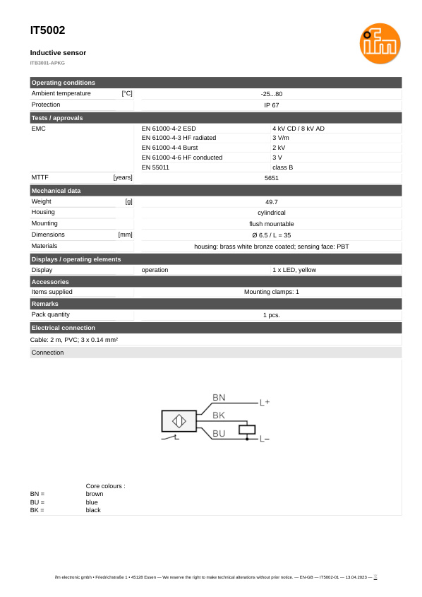 IT5002 \ Inductive sensor \ Range 1 mm \ PNP NC \ Ø 6.5 \ Cable PVC 2m datasheet