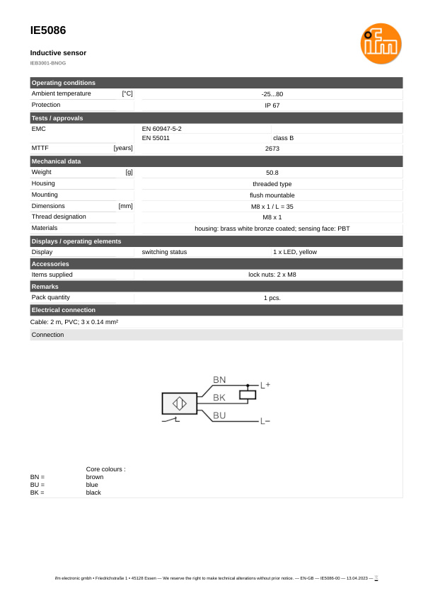 IE5086 \ Inductive sensor \ Range 1 mm \ NPN NC \ M8 \ Cable PVC 2m datasheet