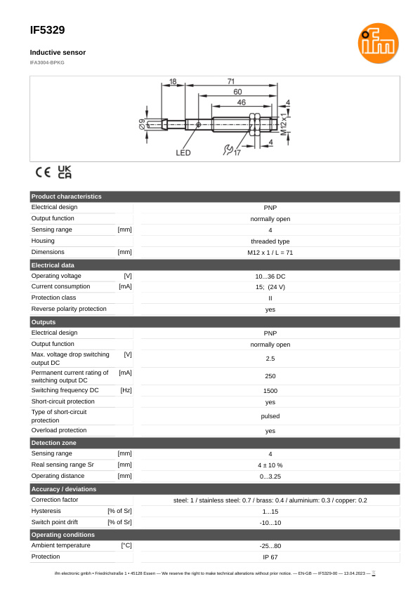 IF5330 \ Inductive sensor \ Range 4 mm \ PNP NO \ M12 \ Cable PVC 6 m datasheet