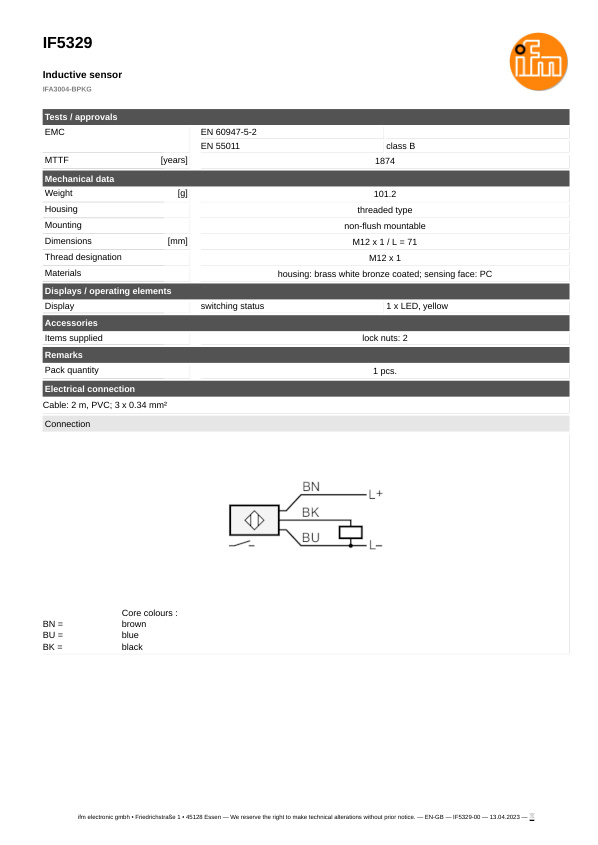 IF5330 \ Inductive sensor \ Range 4 mm \ PNP NO \ M12 \ Cable PVC 6 m datasheet