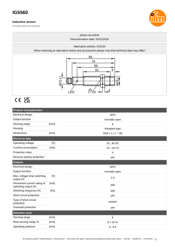 IG5560 \ Inductive sensor \ Range 8 mm \ NPN NO \ M18 \ Connector M12 datasheet