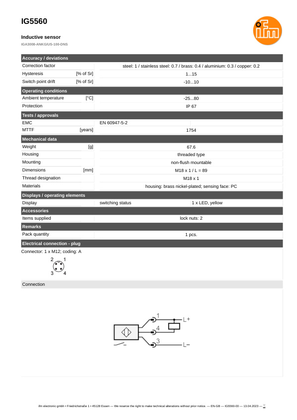 IG5560 \ Inductive sensor \ Range 8 mm \ NPN NO \ M18 \ Connector M12 datasheet