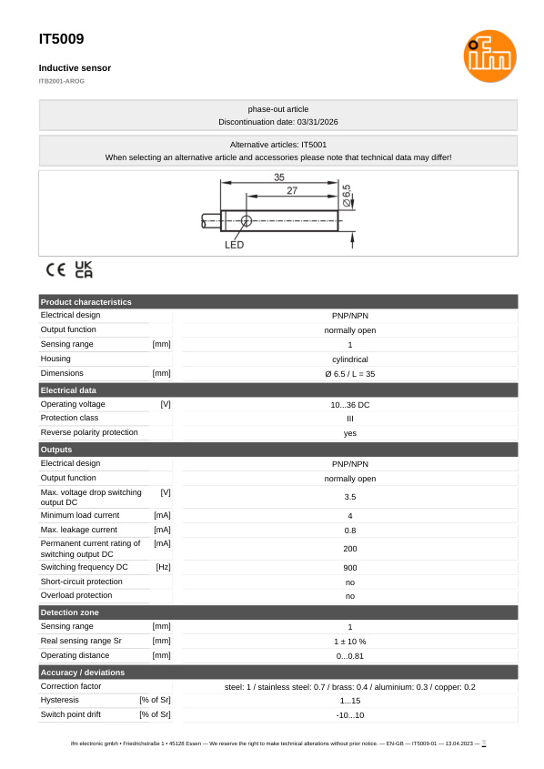 IT5009 \ Inductive sensor \ Range 1 mm \ PNP/NPN NO \ Ø 6.5 \ Cable PVC 2 m datasheet