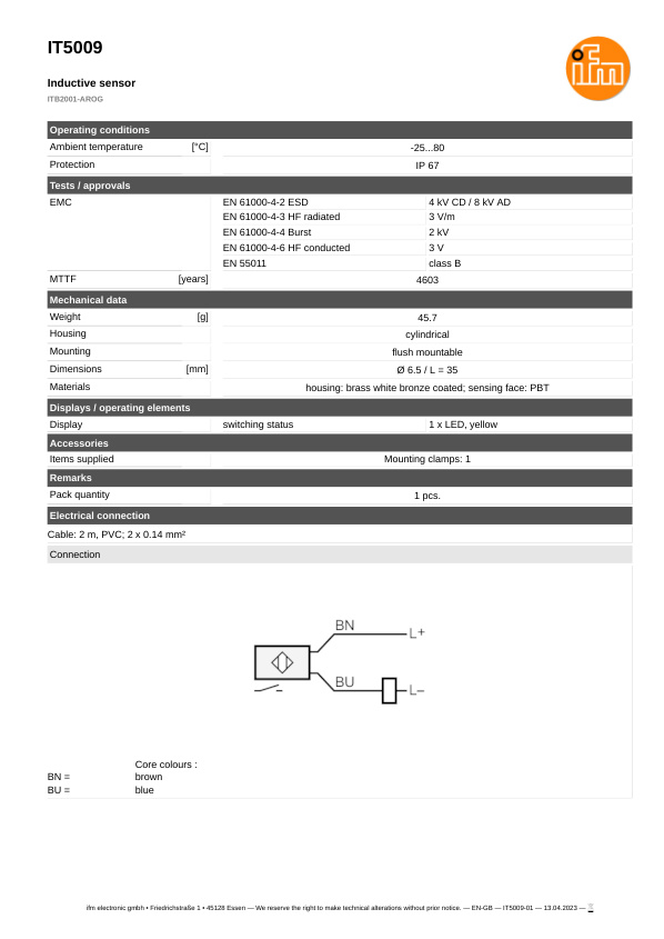 IT5009 \ Inductive sensor \ Range 1 mm \ PNP/NPN NO \ Ø 6.5 \ Cable PVC 2 m datasheet