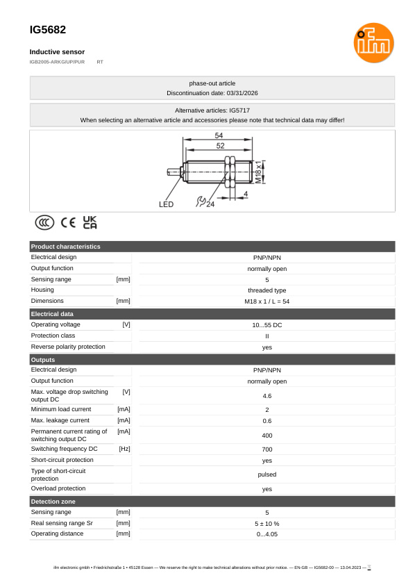 IG5682 \ Inductive sensor \ Range 5 mm \ PNP/NPN NO \ M18 \ Cable PUR 2 m datasheet