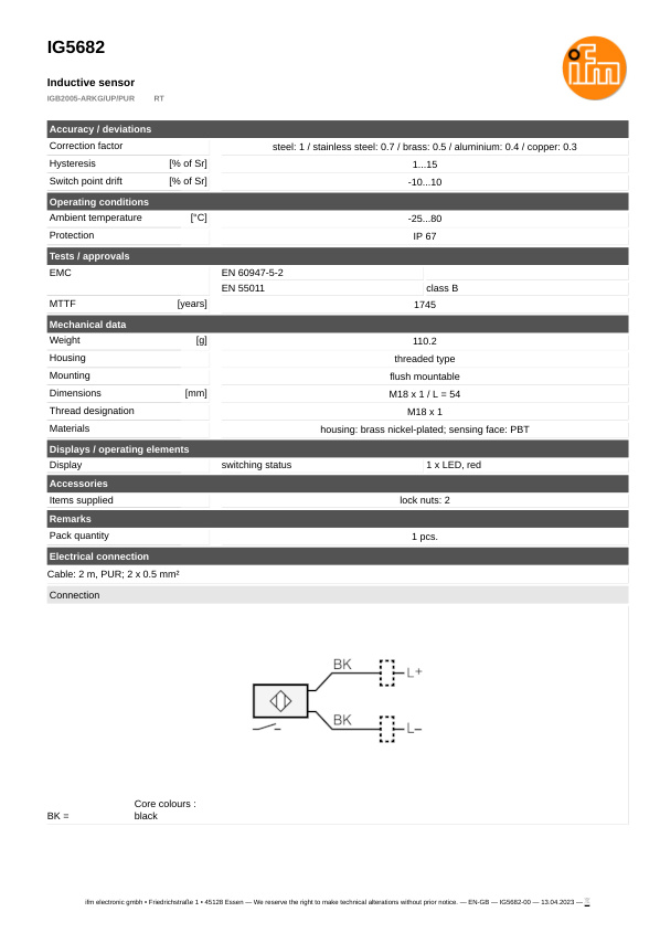 IG5682 \ Inductive sensor \ Range 5 mm \ PNP/NPN NO \ M18 \ Cable PUR 2 m datasheet